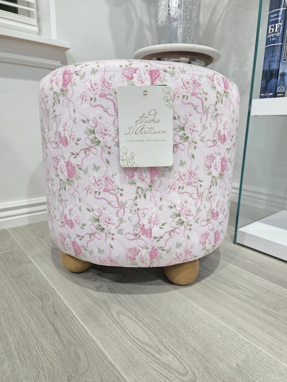 Loveshack Fancy/Shabby Chic Pink Bow Coquette Velvet Floral Rose Ottoman New